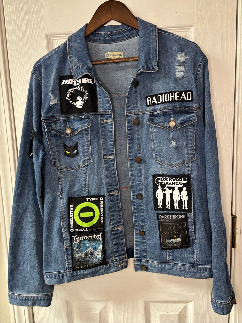 Democracy Blue Denim Patchwork Band-Patch Jean Jacket
